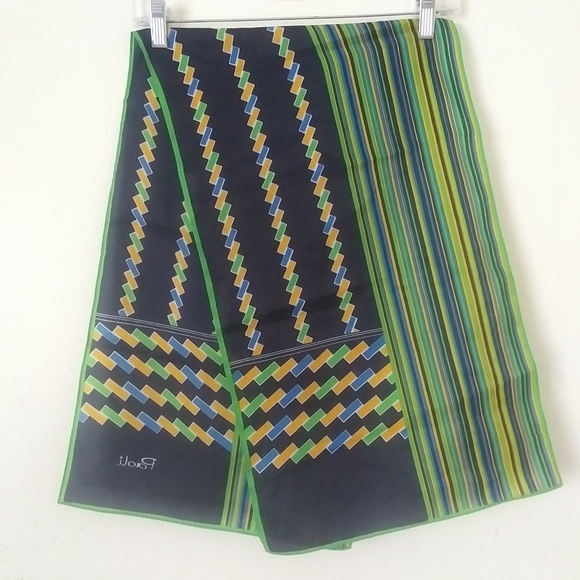 Vintage Paoli Striped Geometric Print Scarf, Navy Blue, Kelly Green & Yellow - Picture 4 of 6